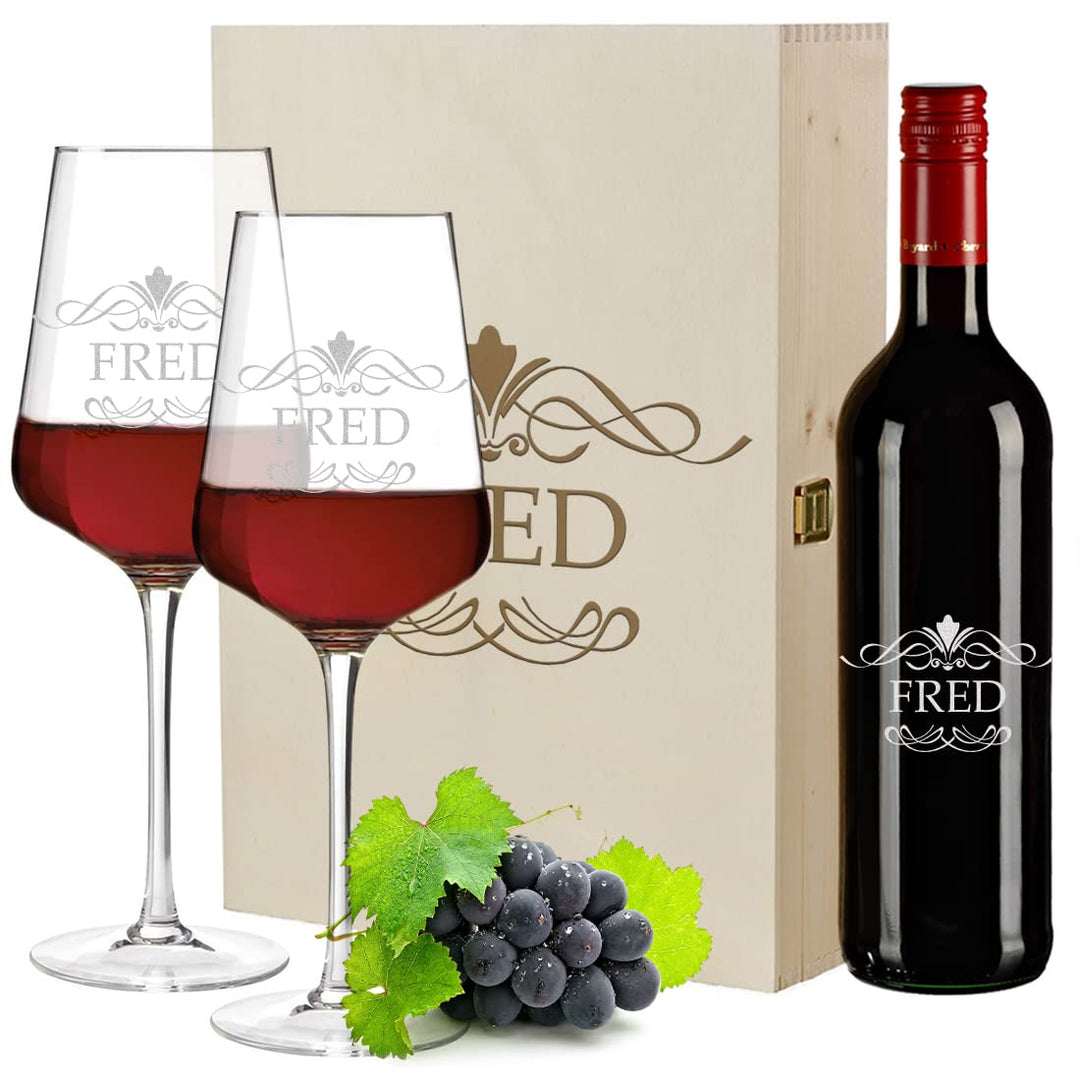 4-TLG Wein Geschenkset mit Wunschgravur - Motiv Ornament - personalisiert - 2X Leonardo Weissweinglä
