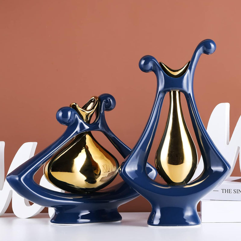 Marineblaue Keramikvase für Heimdekoration, moderne blau-goldene Vase, abstrakte Blumenvase, moderne