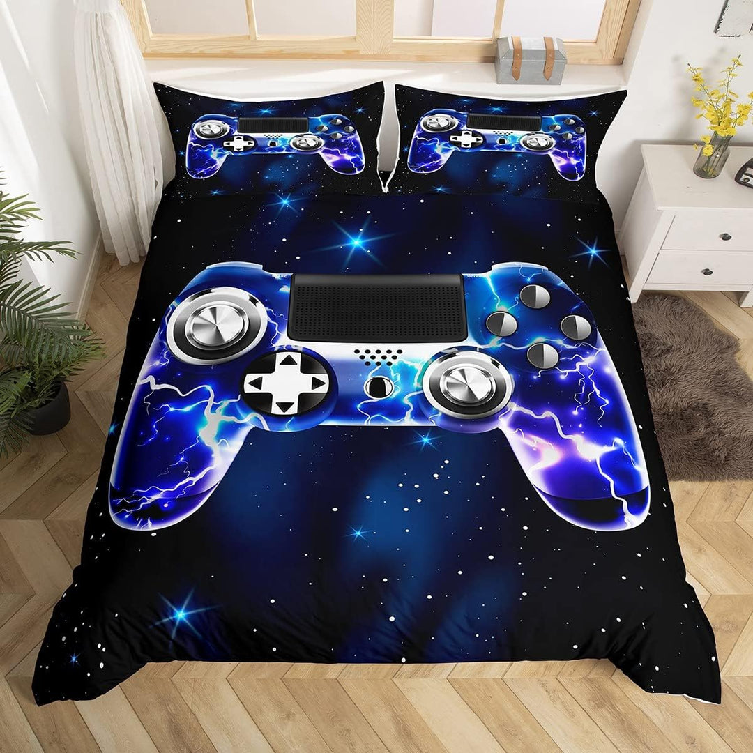Loussiesd Galaxy Gamepad Bettwäsche Set Lila Lightning Design Gamepad Bettbezug Set für Jungen Video