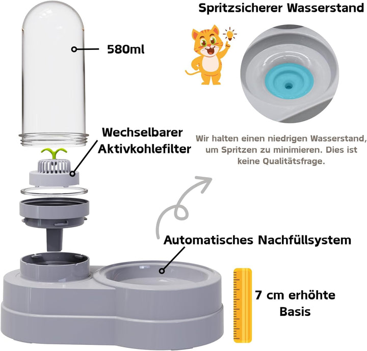 Wasserspender für Katzen und Hunde, 580 ml Automatischer Schwerkraft Haustier Trinkbrunnen mit Filte