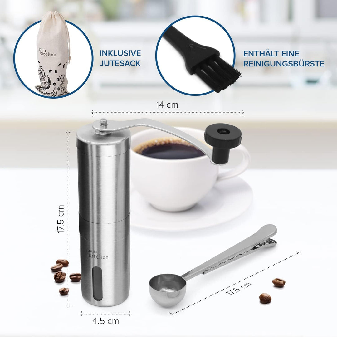 Joeji's Kitchen Kaffeemühle manuell mit Keramikmahlwerk - Tragbar Hand Espressomühle Edelstahl mit S