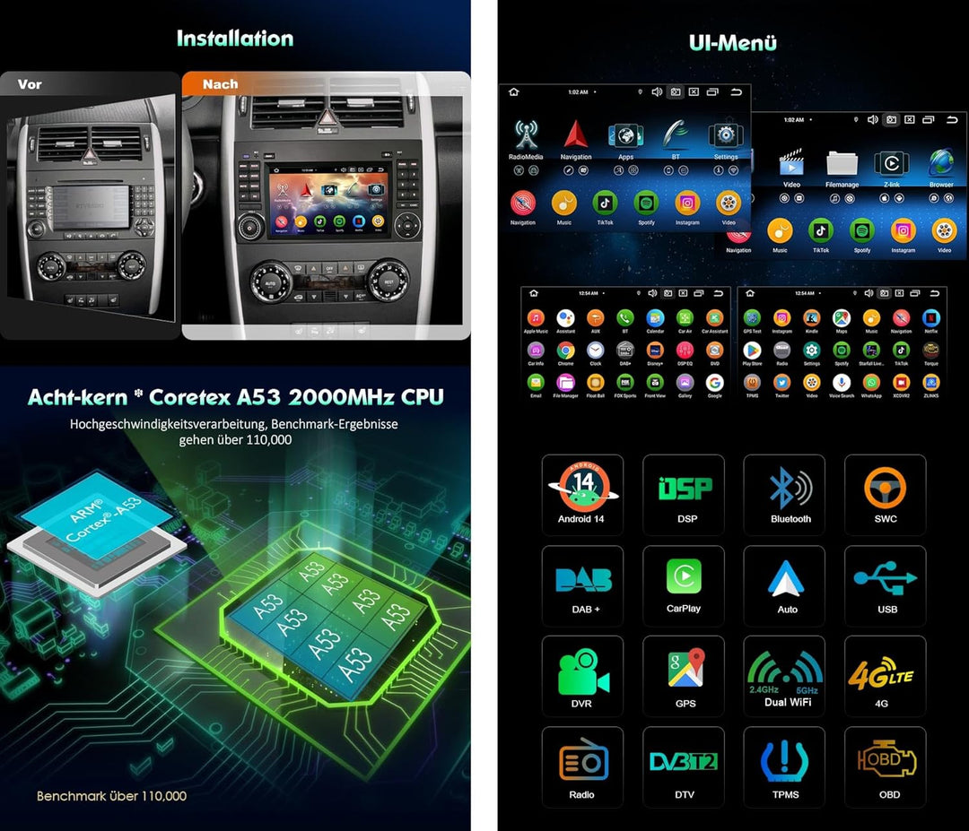 Erisin Android 13 8-Kern 4GB+64GB Autoradio GPS Navi für Mercedes Benz A/B Klasse W169 W245 Sprinter
