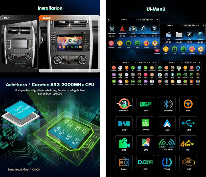 Erisin Android 13 8-Kern 4GB+64GB Autoradio GPS Navi für Mercedes Benz A/B Klasse W169 W245 Sprinter