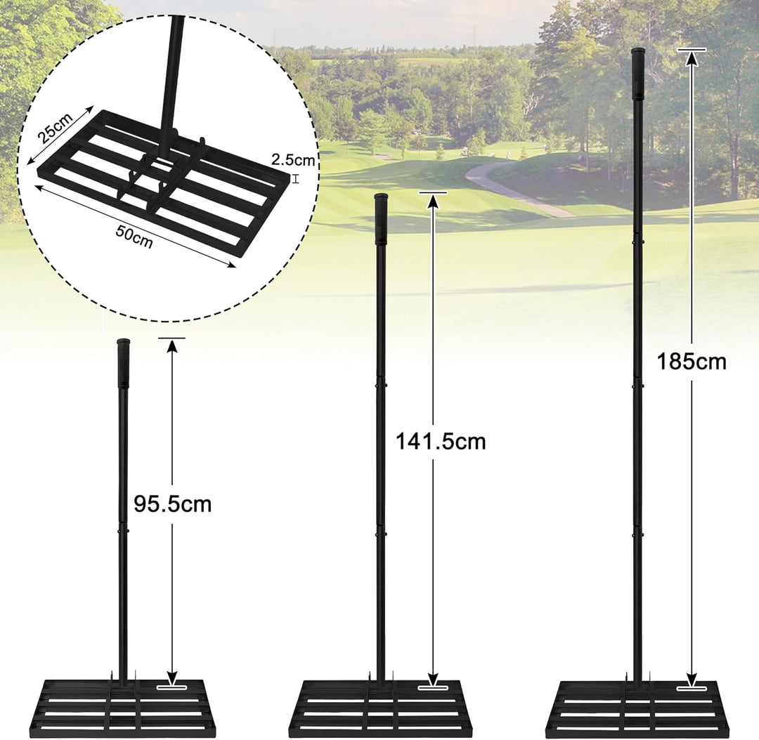 Lawn Leveling Rake Rakel 50x25 cm Schwarz, Verstellbarer Nivellierrechen 95,5–185 cm mit Edelstahl-G