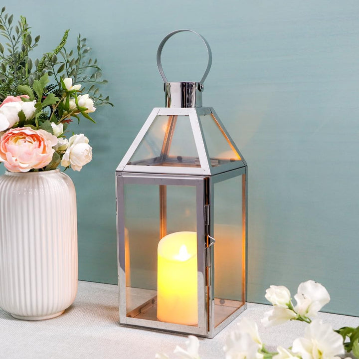 JHY DESIGN Kerzen Laternen, Glas Laternen 34cm Hohe Edelstahl Kerze Windlicht Hängender Kerzenstände