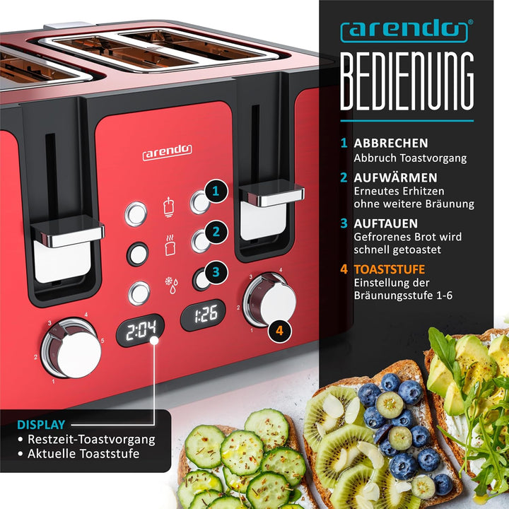 Arendo - Toaster 4 Scheiben Edelstahl - mit Brötchenaufsatz - 4 Schlitze - LED Anzeige Restzeitanzei
