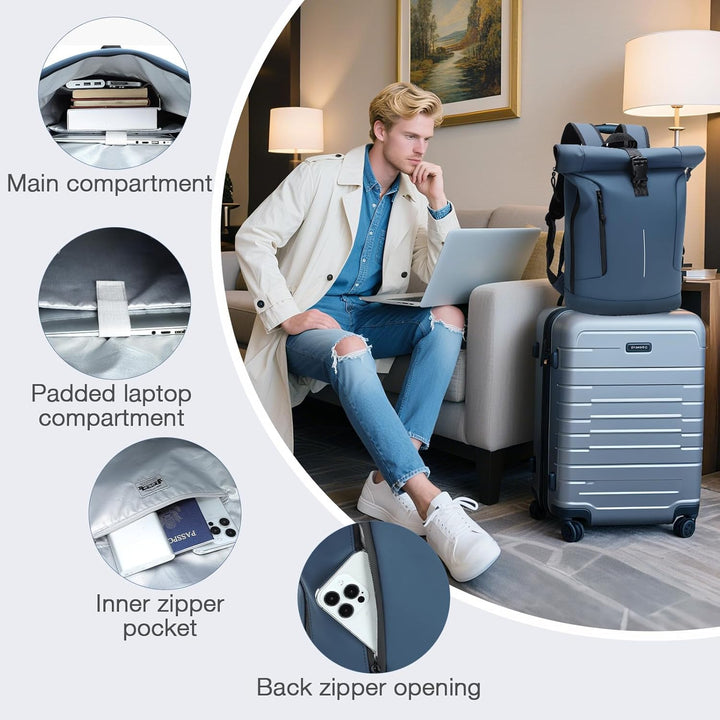 Rolltop Rucksack Herren Damen, Wasserdicht Laptop Schulrucksack mit 17 Zoll Laptopfach, Gross Reiser