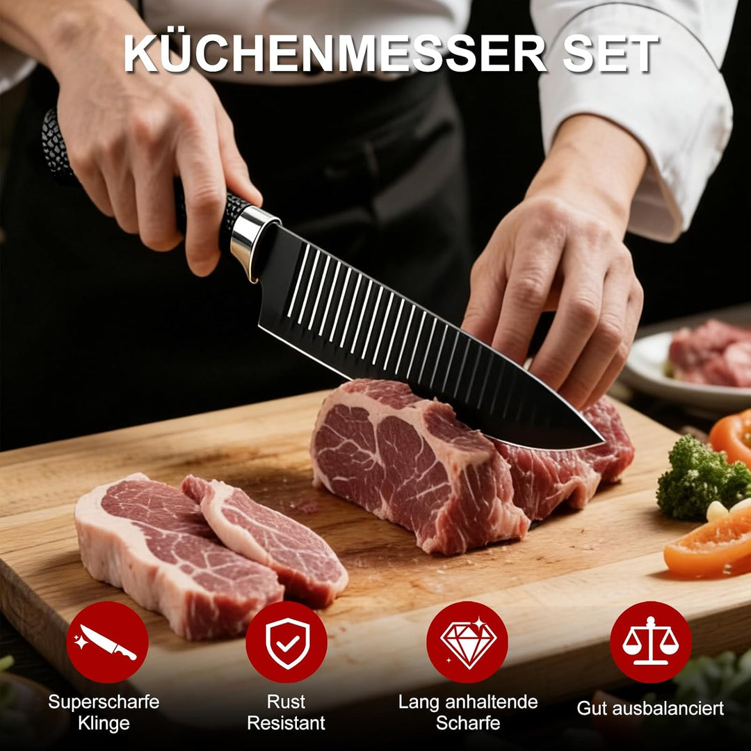 Messerset Scharf 6-teilig, Ergonomischen Küchenmesser Sets, Schwarz | Kochmesser, Brotmesser, Tranch
