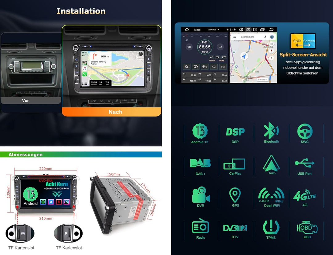 Erisin 8 Zoll Android 12 8-Kern DVD Autoradio Mit GPS Navi für VW Passat Golf 5/6 Touran Skoda Seat