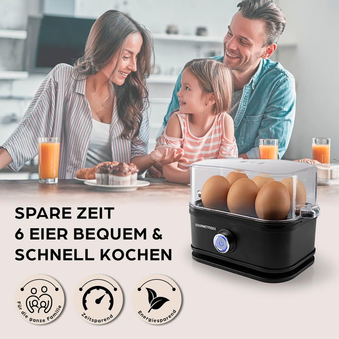 GOURMETmaxx Eierkocher für 6 Eier | Egg Boiler mit Eierstecher im Messbecher | Egg Cooker mit 3 Härt