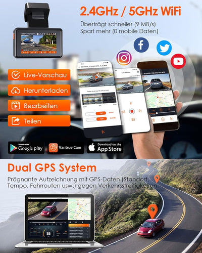 VANTRUE E2 Dual 1944P Dashcam Auto 5GHz WiFi GPS, Wireless- und Sprachgesteuerte Dash Cam vorne hint