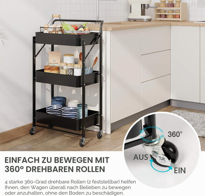 Dripex Rollwagen Metall, Faltbarer Servierwagen, Küchenwagen mit Rollen, Küchenregal mit 3 Ebenen, A