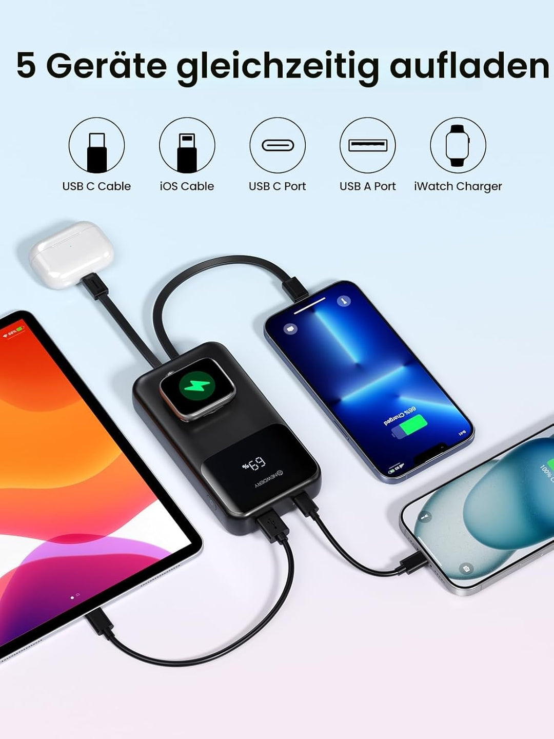 NEWDERY Powerbank für Apple Watch & iPhone Ladegerät 20000mAh Drahtloses Ladestation Power Bank, Sch