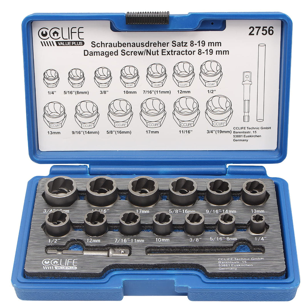 CCLIFE 15tlg 3/8" Cr-Mo Spezial Steckschlüssel Einsatz Linksausdreher Schraubenausdreher Nuss Steckn