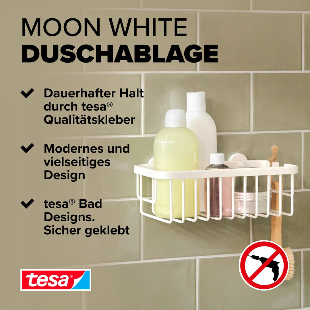 tesa MOON WHITE Duschablage zur Wandmontage ohne Bohren, weiss matt - einstöckig und extra tief - fü