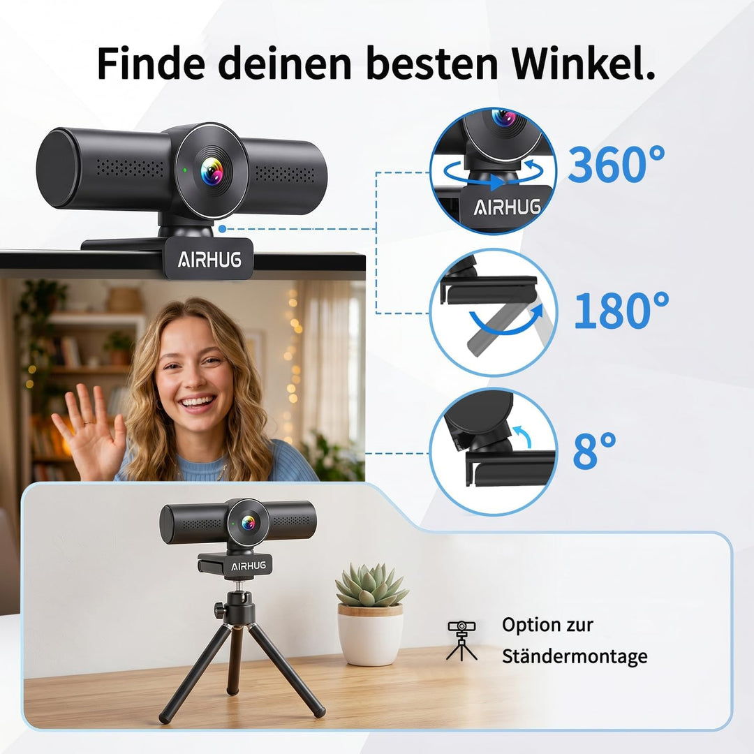 AIRHUG 2K 60fps Webcam,Streaming Kamera mit Sony 8MP Sensor,zwei omnidirektionalen Mikrofon,PDAF Aut