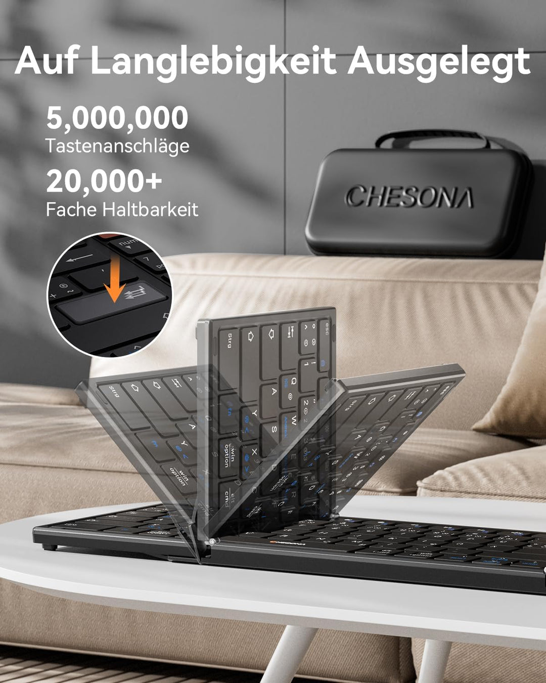 Chesona Faltbare Tastatur und Maus Sets – Ultra Slim 600g mit 2,4 G + Dual-Bluetooth, kompakte kabel