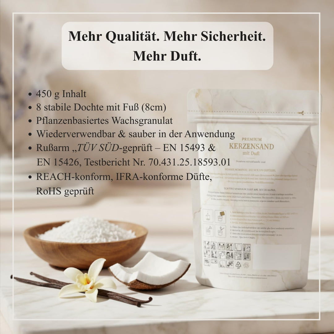 Premium Kerzensand Vanille Kokosnuss 450 g, Duftkerzen-Sand beige inkl. 8 Dochte, pflanzenbasiertes,