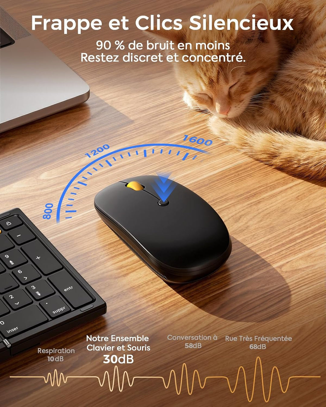 MoKo Zusammenklappbares kabelloses Tastatur- und Maus-Set, tragbare AZERTY-Bluetooth-Tastatur mit Zi
