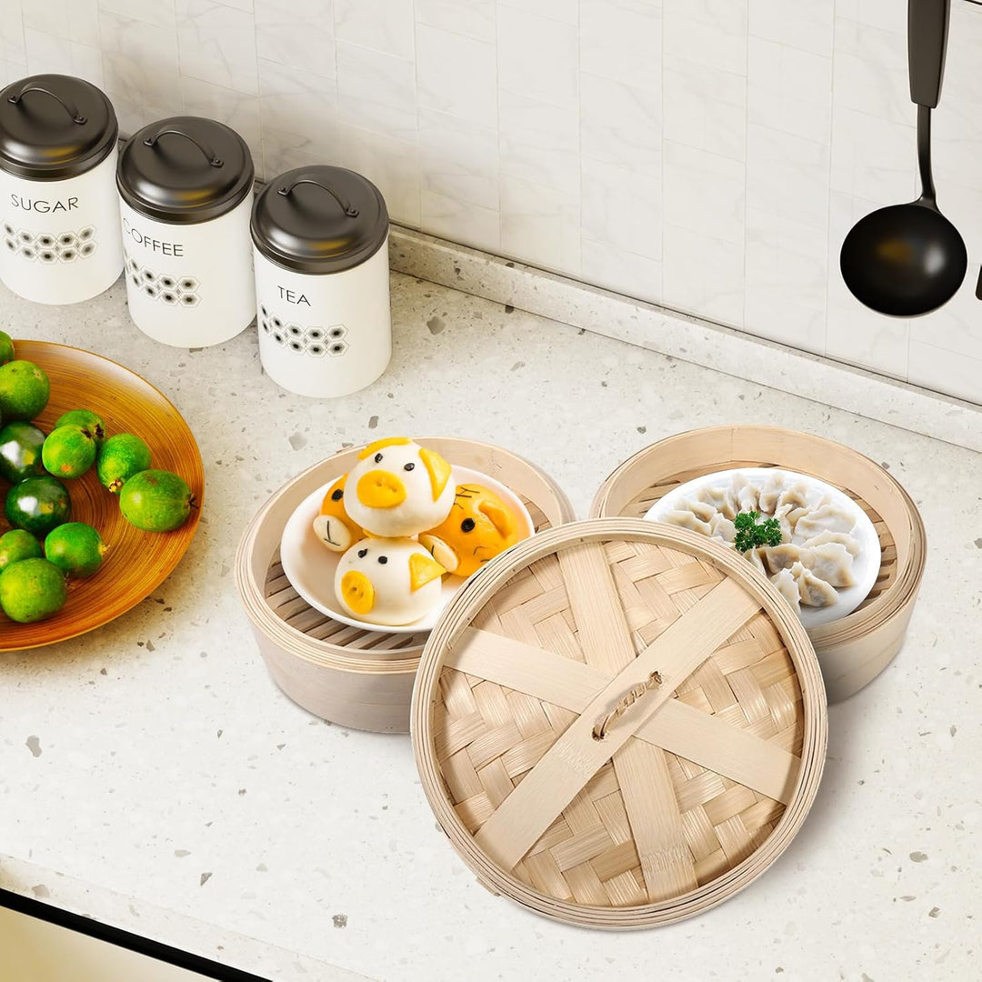 Bambus-Dämpfkorb 8,7 Zoll 2 Ebenen Chinesischer Dim Sum-Korb Mit Deckel Knödel-Dampfgarer Zum Kochen