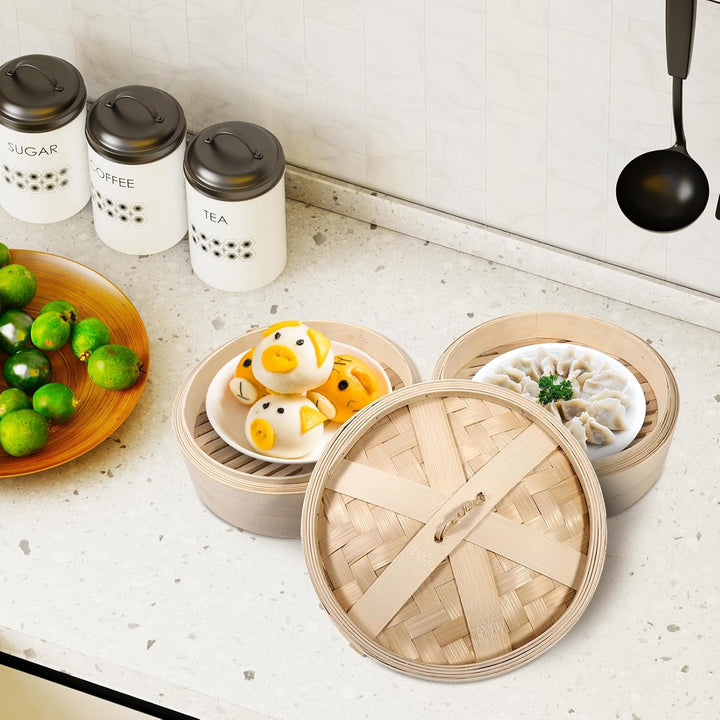 Bambus-Dämpfkorb 8,7 Zoll 2 Ebenen Chinesischer Dim Sum-Korb Mit Deckel Knödel-Dampfgarer Zum Kochen