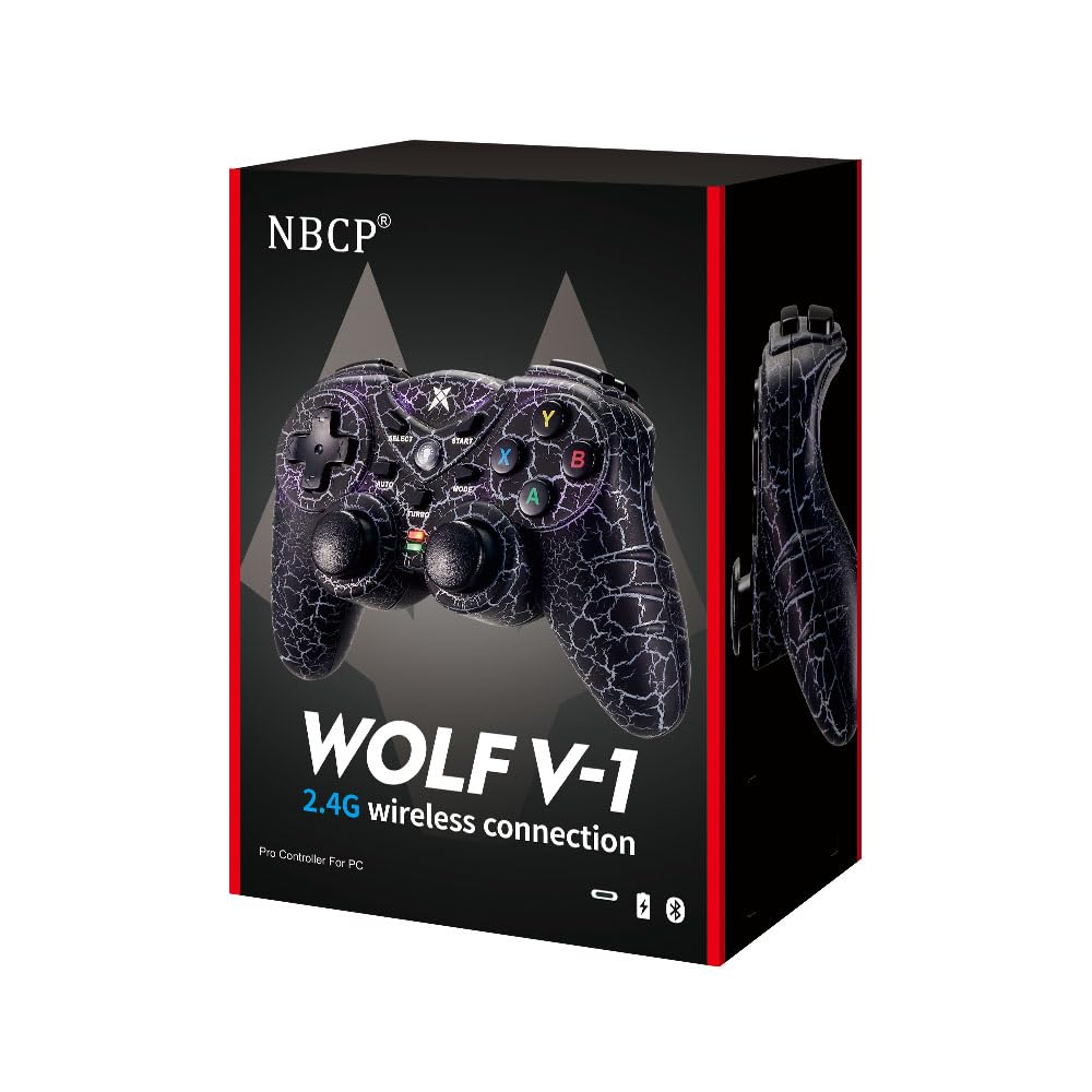 NBCP PC Wireless Game Controller mit Dual Vibration, 2.4G Gaming Joystick, RGB Beleuchtung und Turbo