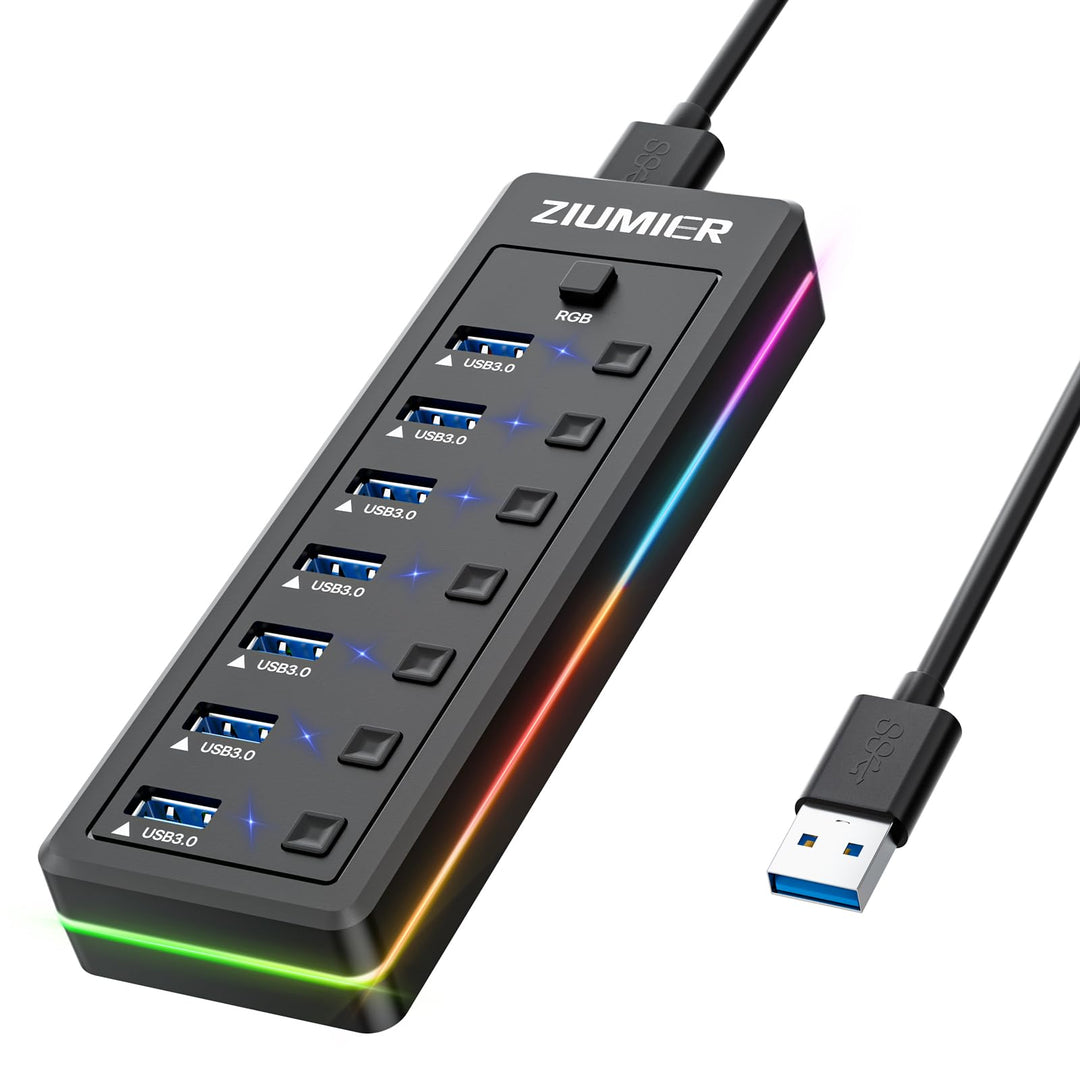 USB-Hub mit 7 Anschlüssen, USB 3.0-Hub mit RGB-LED-Streifen individuelle LED-EIN/Aus-Schalter für La