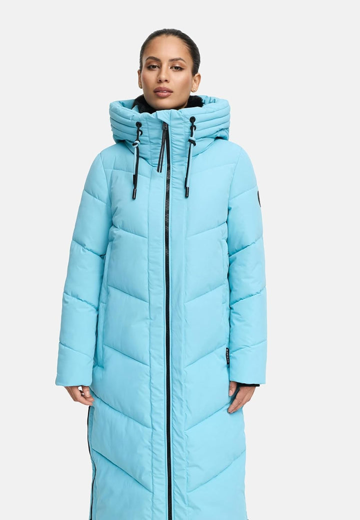 MARIKOO Damen Wintermantel warmer Steppmantel lang mit verstellbarer Kapuze und hohem Kragen Nadaree