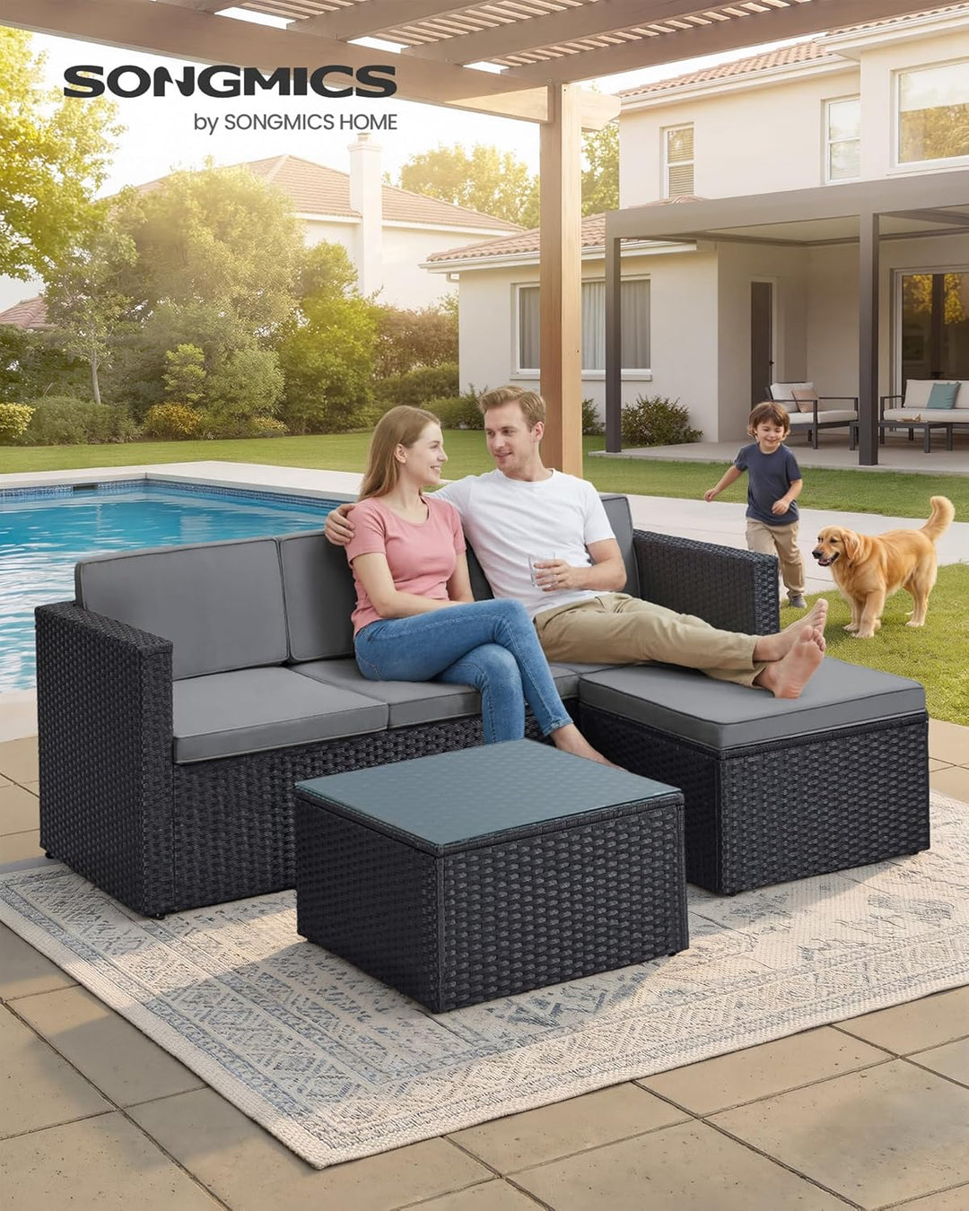 SONGMICS Gartenmöbel-Set, Balkonmöbel aus PE-Polyrattan, Terrassenmöbel, Ecksofa, Outdoor, handgeflo