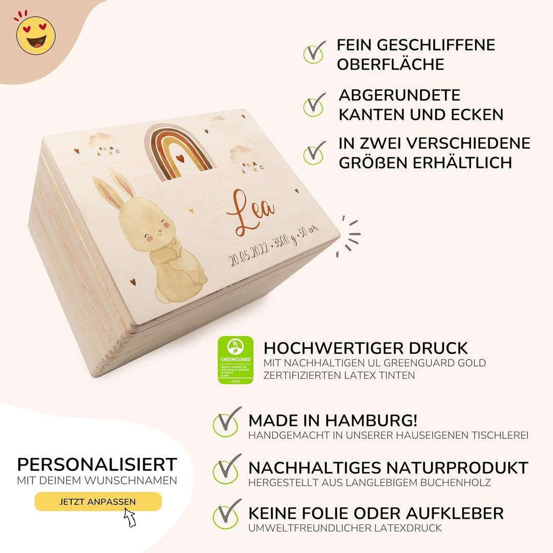 KIDSMOOD - Erinnerungsbox Baby, personalisierte Holzkiste mit Deckel, Ideal zur Aufbewahrung von Eri