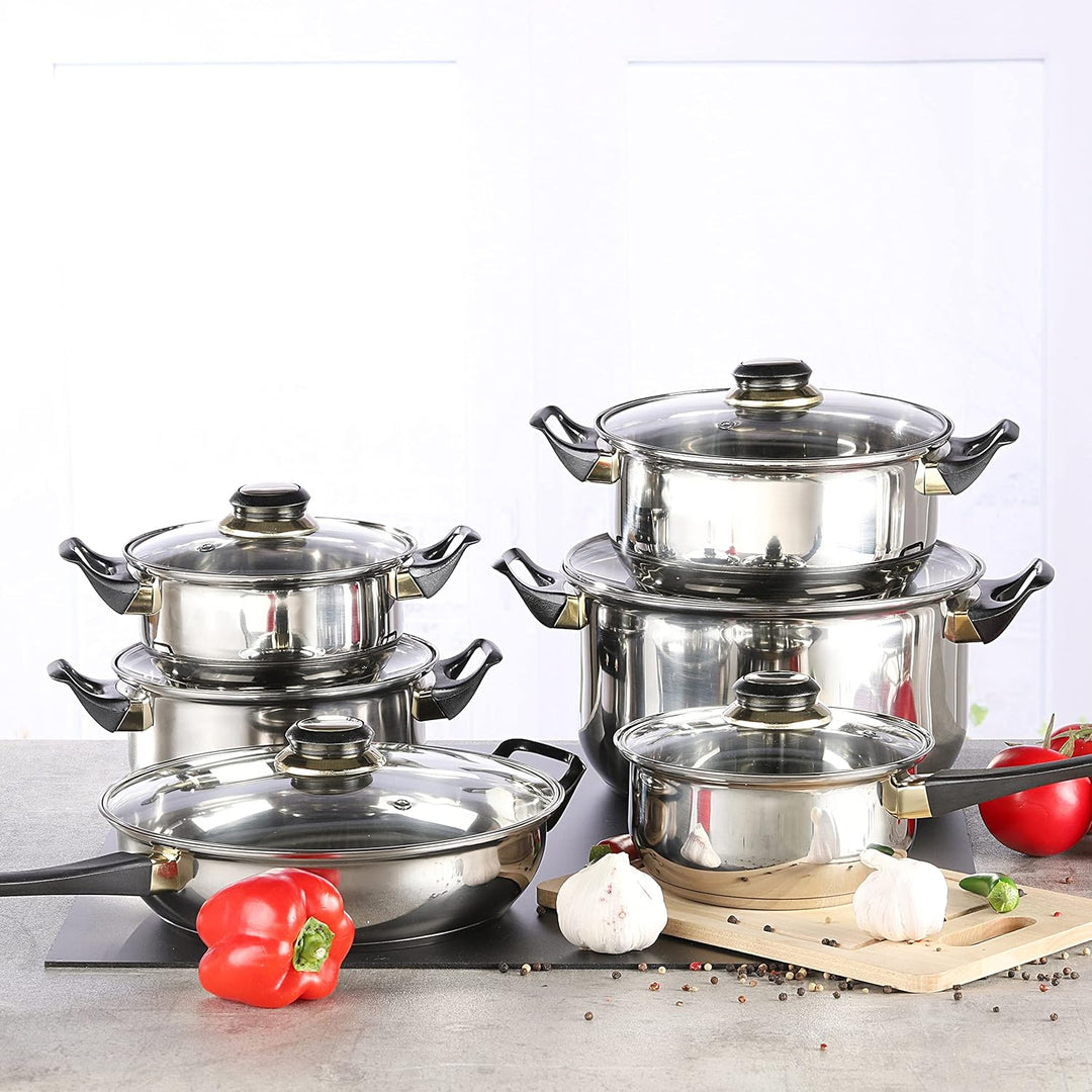 Haushalt International Edelstahl Kochtopf Set (12-teilig) - Töpfe Set mit 5 Töpfen inkl. Deckel + Pf