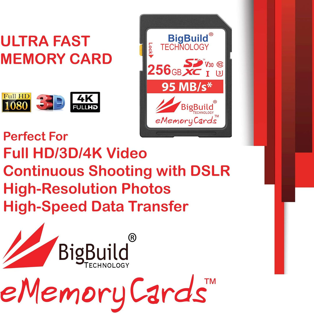 BigBuild Technology 256GB UHS-I U3 95MB/s Speicherkarte für Nikon D3400, D500, D5300, D5500, D5600,