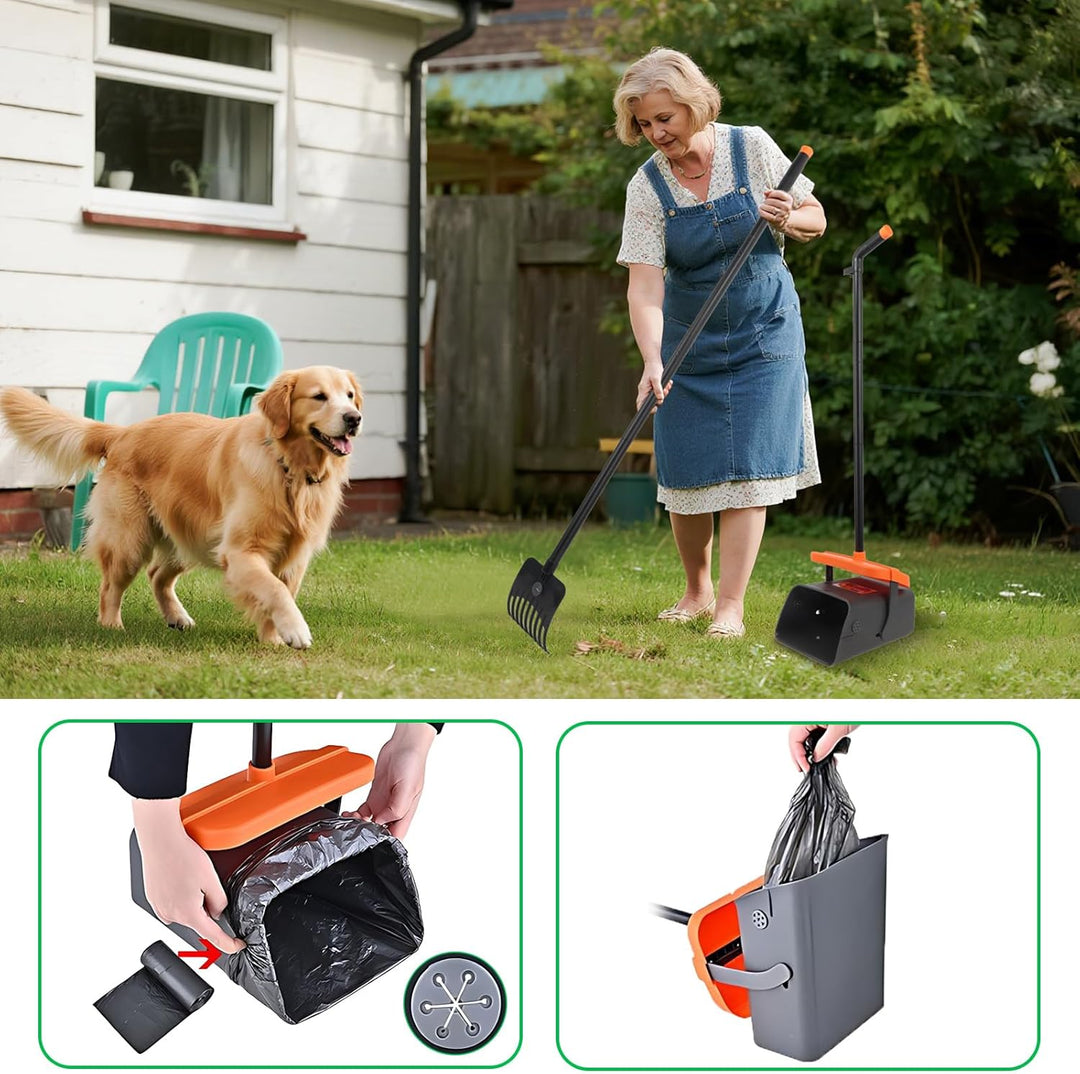 LPQKCcY Hundekotsammler, 104cm Hundekotschaufel Behälter & 117cm Rechen mit Abfallbeuteln, Langer Gr