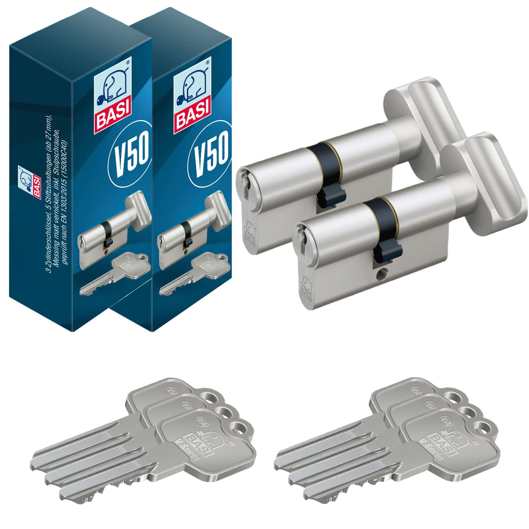 BASI | 2er SET V50 Profil-Knaufkurzzylinder K30/27 mm | Gleichschliessend | Profilzylinder | Türzyli
