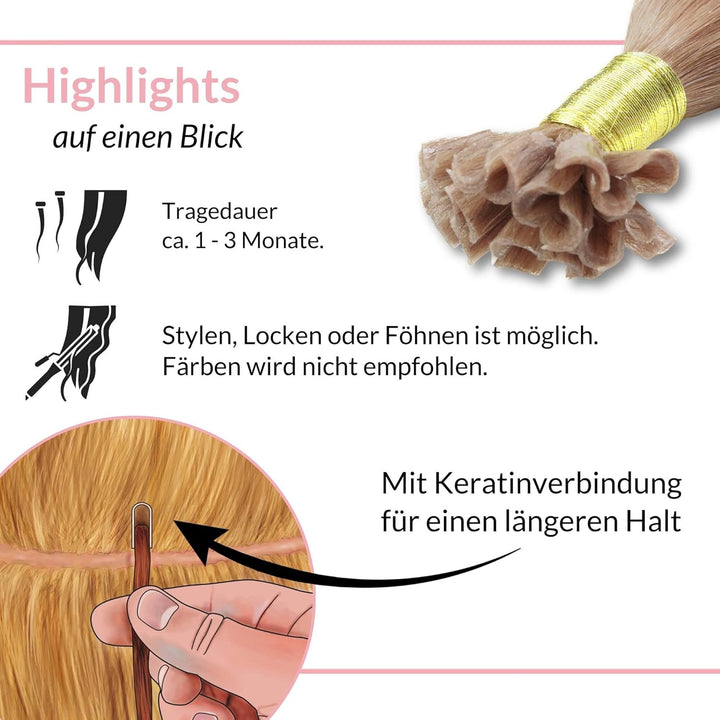 hair2heart Extensions Echthaar Bondings glatt - 25 Strähnen 1g 50cm 8/01 hellblond natur-asch
