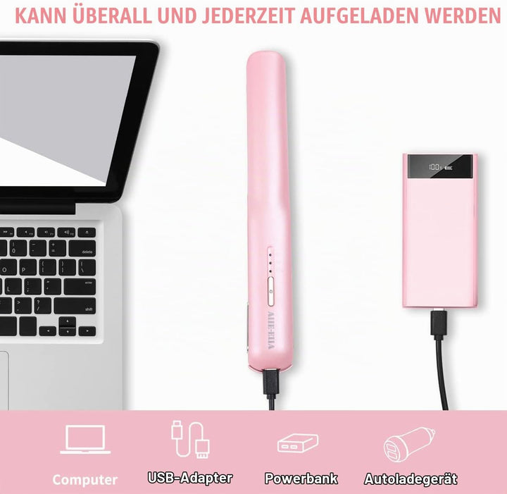 Kabelloser Haarglätter und Lockenwickler 2 in 1, Mini Haarglätter Und Lockenstab mit USB-C Aufladung