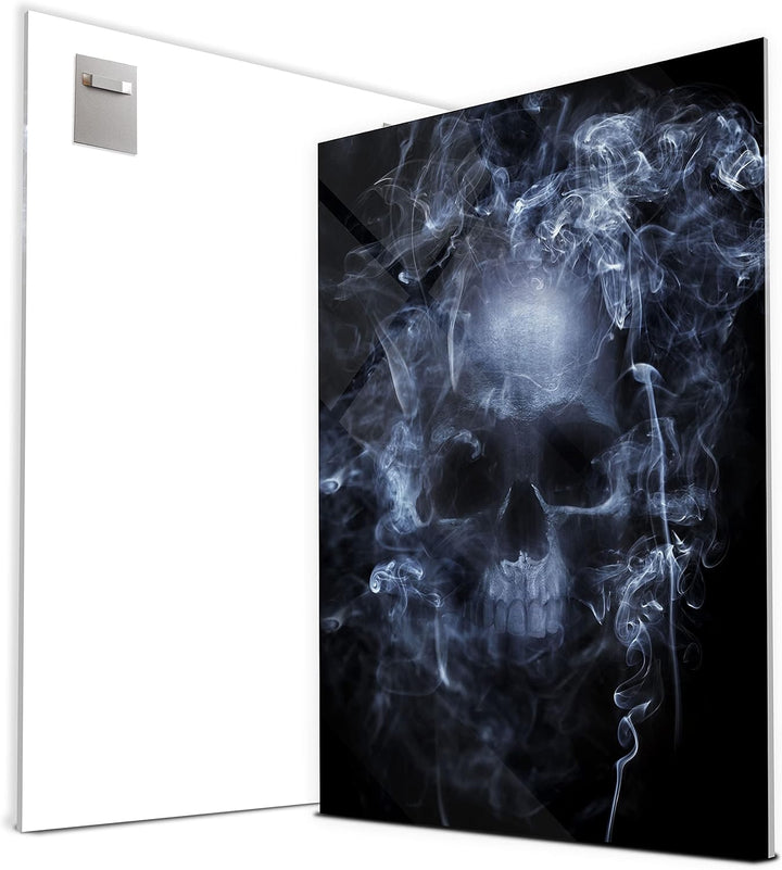 wandmotiv24 Totenkopf Wandbild aus Acrylglas, Grösse 100x75cm, Hochformat, Schädel im Rauch, Schwarz