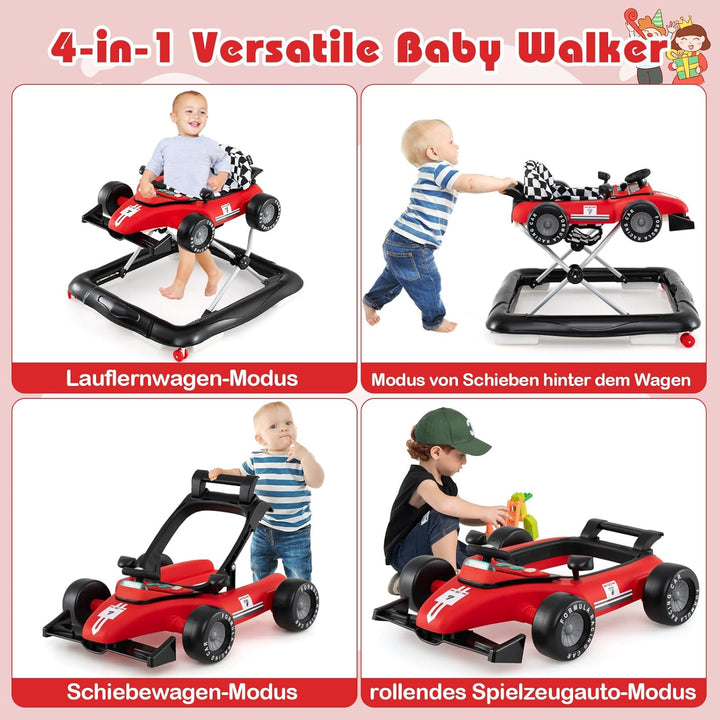 COSTWAY 4 in 1 Lauflernhilfe, Lauflernwagen klappbar mit einstellbarer Höhe, Baby Walker Autoförmig