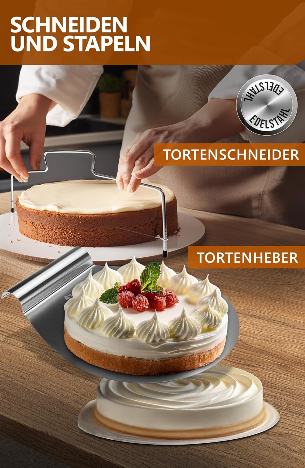 4smile Torten-Zubehör-Set 5 Teile - Tortenring verstellbar hoch 15 cm + Tortenschneider + Tortenhebe