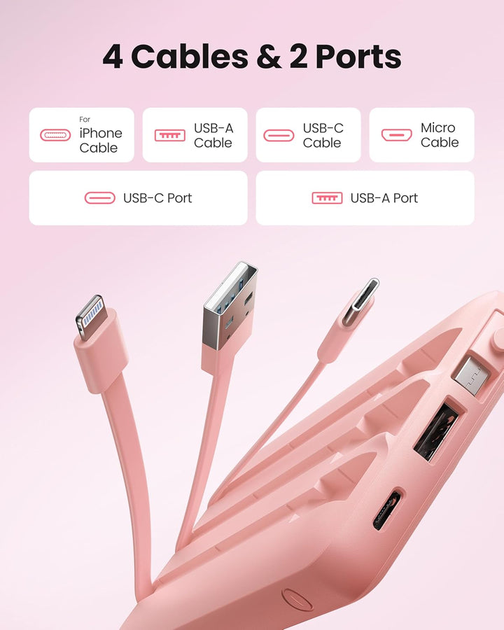 10000mAh Powerbank mit Ladekabel, Tragbares Ladegerät USB C, 5 Ausgänge 2 Eingänge LED Display Exter
