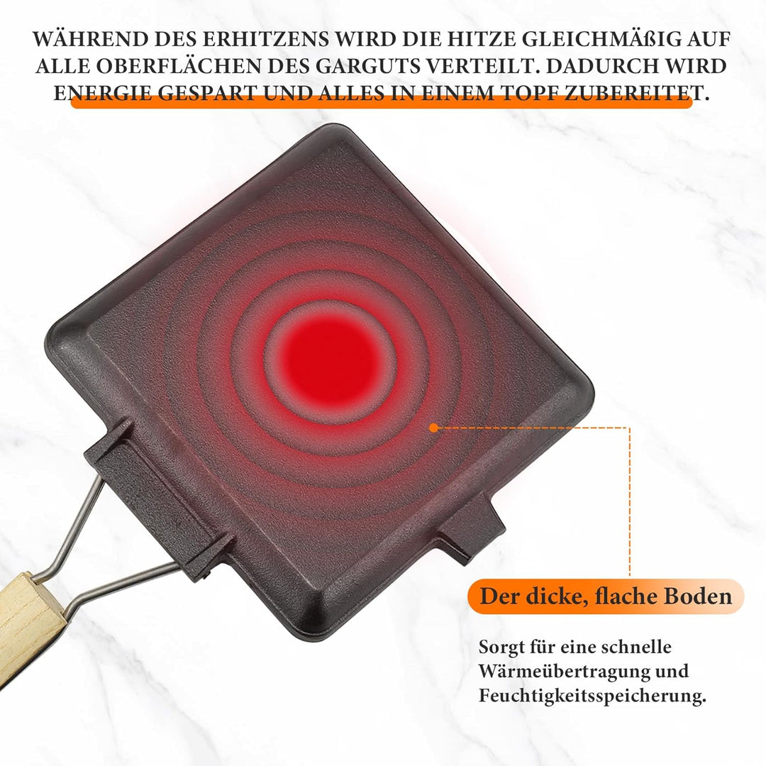 Steakpfanne Gusseisen,20x20cm Grillpfanne mit Klappbarem Holzgriff und Lebensmittelclips,Klappbarer