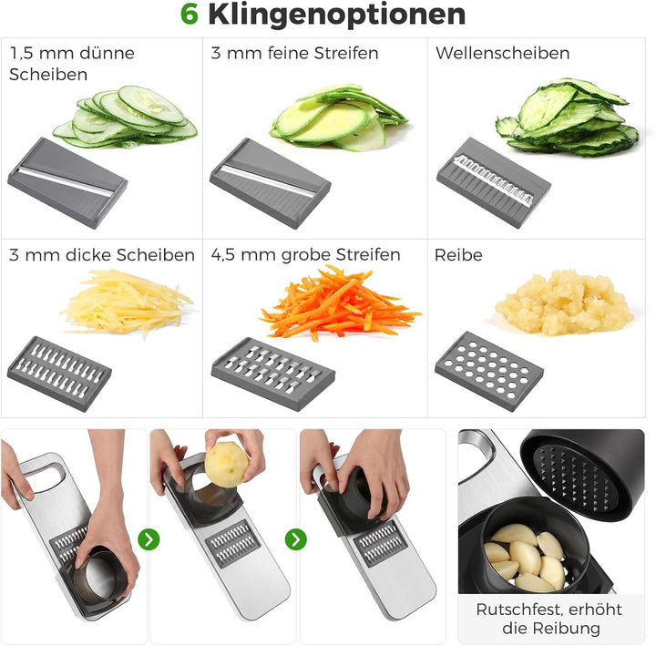 Oderra Gemüsehobel Edelstahl mit 6 Klingen, Mandoline Küchenhobel, Gemüseschneider Manuell für Gurke