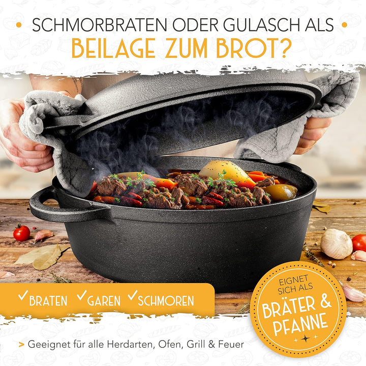 KRUSTENZAUBER 34cm Gusseisen Bräter mit Deckel backofengeeignet inkl. Gärkorb - ovaler Gusseisen Top
