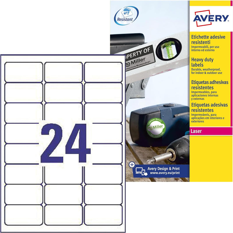 Avery L4773-20 Robuste Laseretiketten ( 24 Stück pro Blatt, 63,5 x 33,9 mm) 480 Etiketten weiss