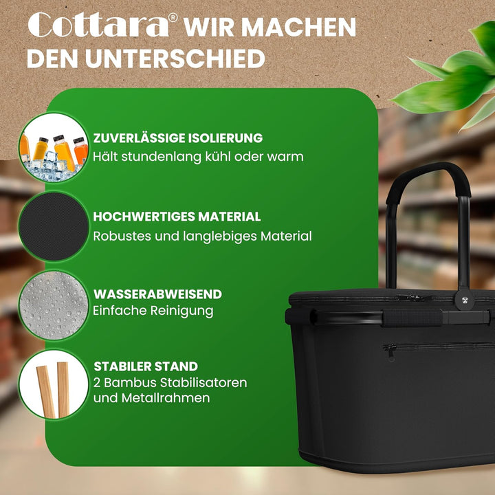Thermo Einkaufskorb Kühltasche gross | isolierter Einkaufskorb mit Deckel, verstärktem Boden, Frontf