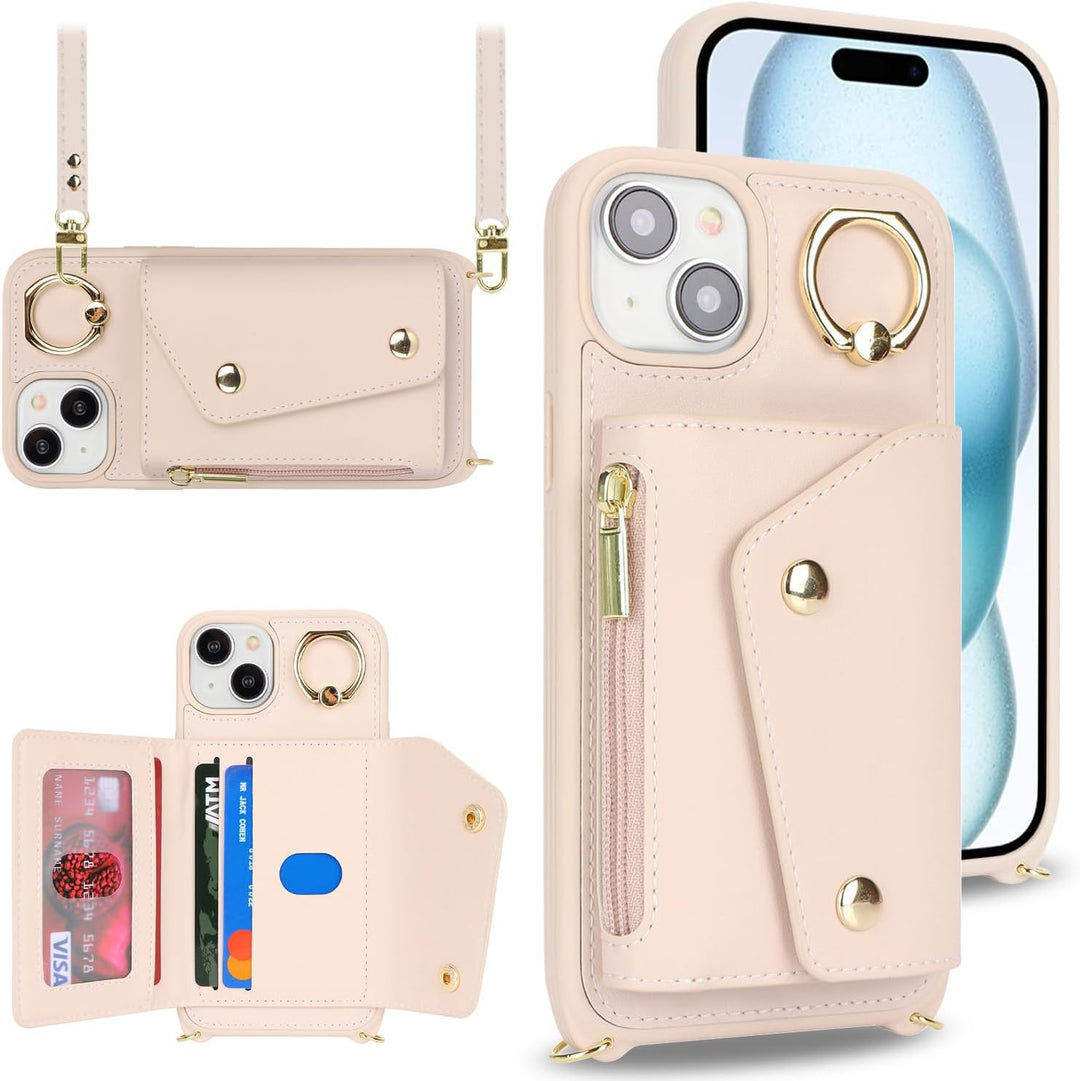 Lipvina Hülle für iPhone 15 Mit Band, Kartenhalter, Reissverschluss, Ring Ständer - Handyhülle Case