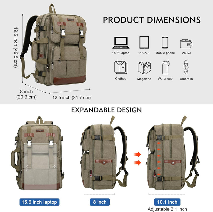 WITZMAN Reiserucksack Herren Canvas 40L Laptop Rucksack Fit 16 Zoll Vintage Rucksack für Herren Gesc