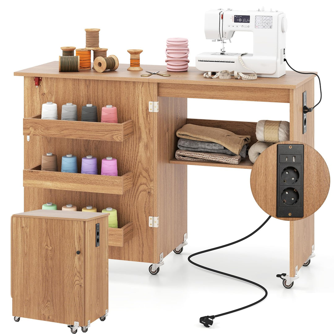 RELAX4LIFE 2 in 1 Nähtisch, Nähmaschinenschrank klappbar mit Ladestation, Nähschrank aus Holz mit Re