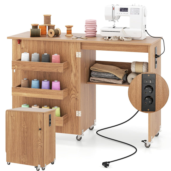 RELAX4LIFE 2 in 1 Nähtisch, Nähmaschinenschrank klappbar mit Ladestation, Nähschrank aus Holz mit Re