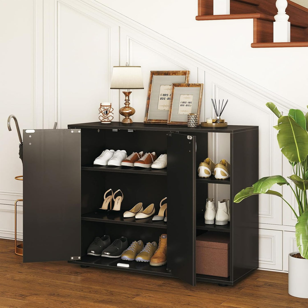 COSTWAY Schuhschrank, Schuhregal mit 2 Türen, verstellbaren offenen Regalen, Schuhkommode, Schuhaufb